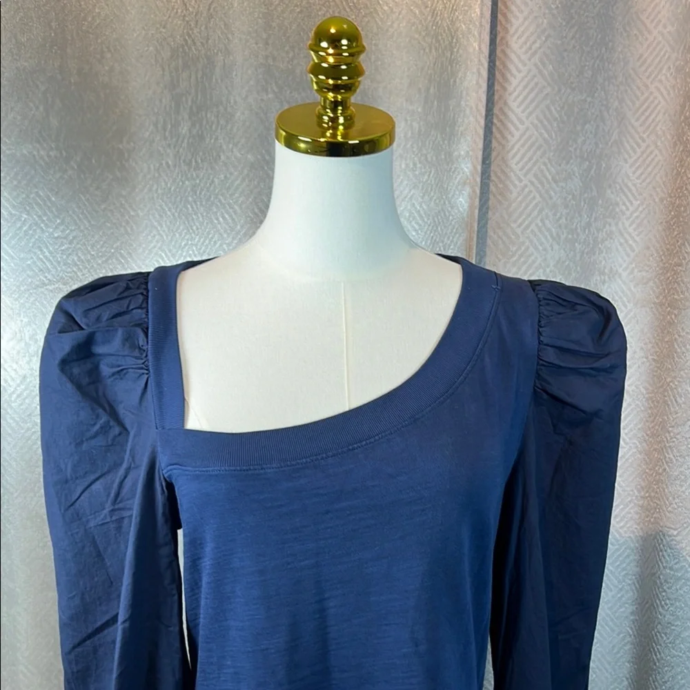 Nation LTD 100%cotton Blue Asymmetrical Ruched Puff Sleeve Blouse.      order115 - Picture 12 of 14